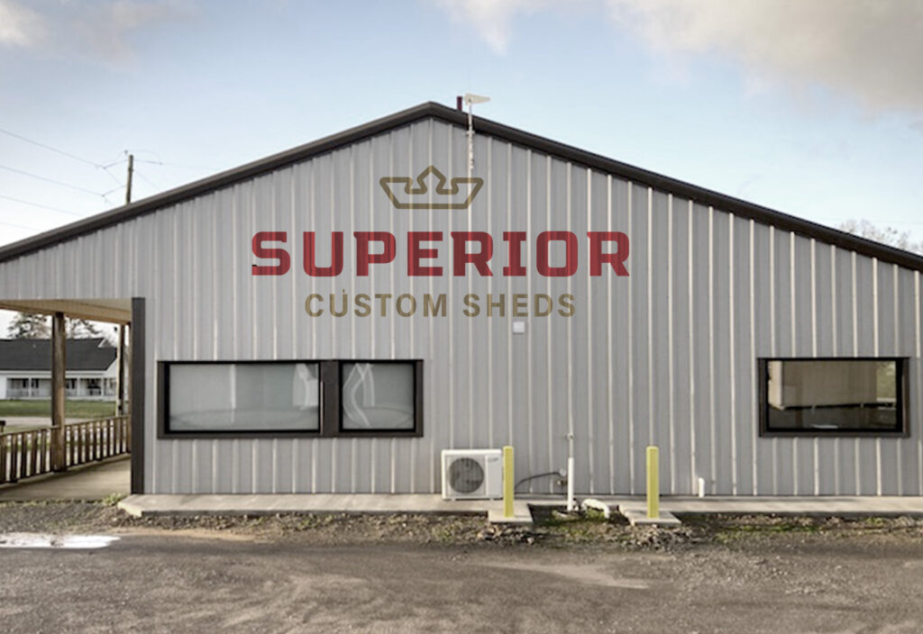 Superior Barns Custom Sheds Brand logo on sales office.